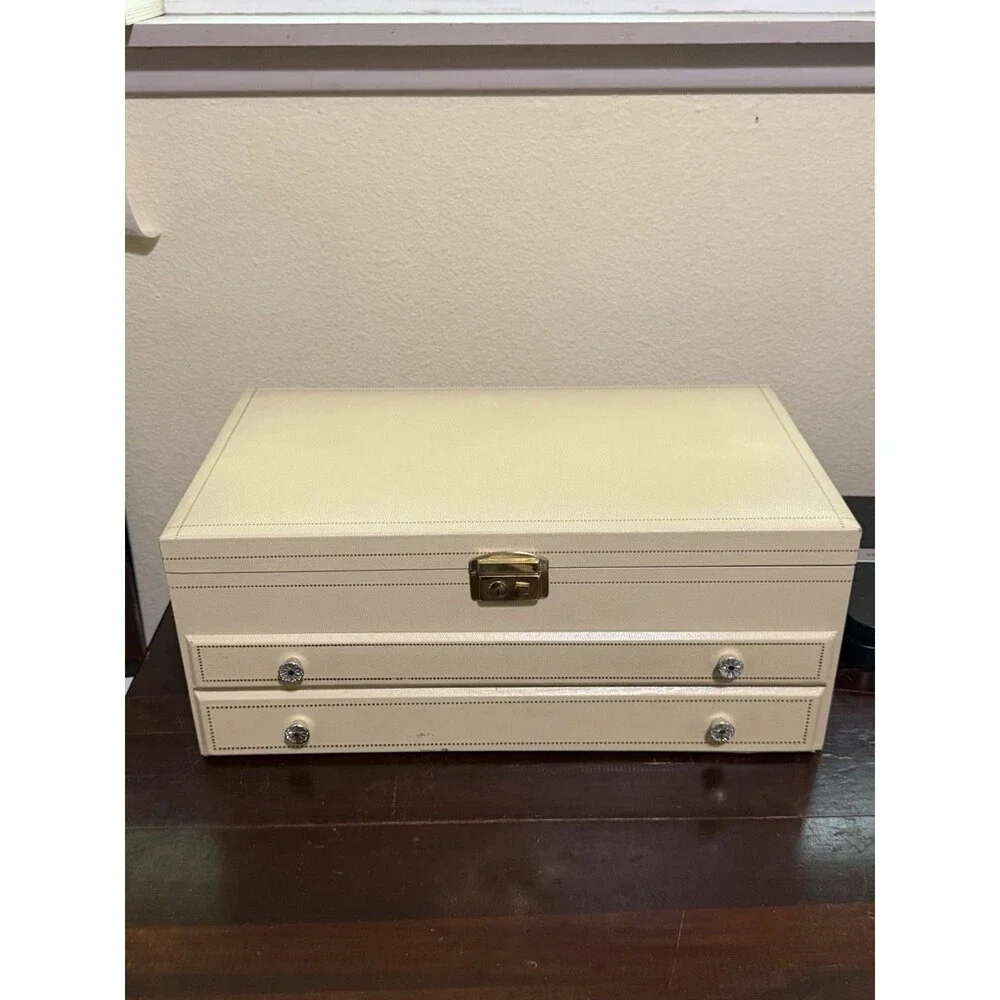 1960s Mele Ivory Leatherette Jewelry Box Velvet Blue Interior MCM 16 X 6 1/2